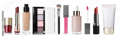 Obraz Set with different decorative cosmetics on white background. Banner design