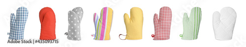 Set with different oven gloves on white background. Banner design