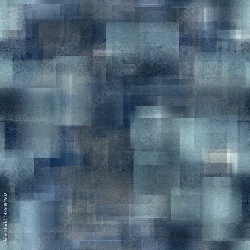 Seamless overlaid geometric shape pattern print. High quality illustration. Transparent rectangles filled with gradient colors scattered. Handmade paper texture overlay.