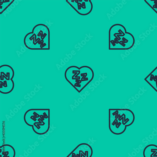 Blue line Sleepy icon isolated seamless pattern on green background. Sleepy zzz black talk bubble. Vector