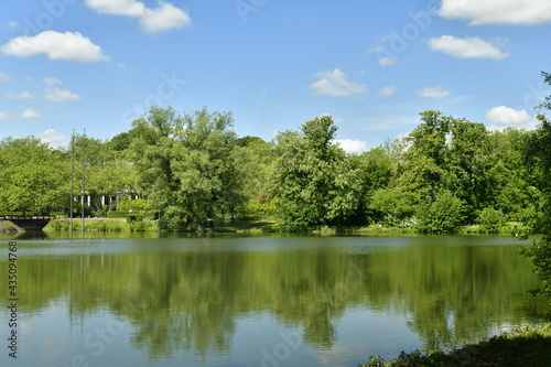 Le petit étang Tenreuken entouré de végétation luxuriante sous des cumulus de beau temps à Watermael-Boitsfort 