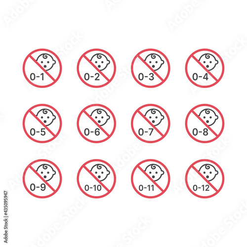No baby prohibition vector icon set. Months for baby products symbols.