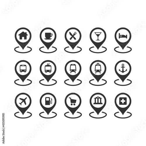 Location pin marker black vector icon set. Hospital, bus, train station, restaurant symbols.