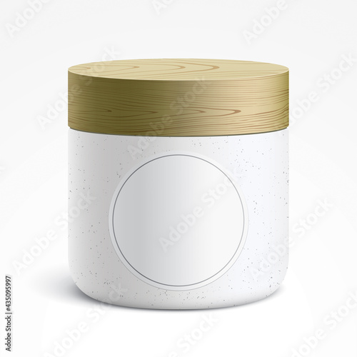 White container with a blank round label, covered with a wooden lid. Vector mockup of the ceramic jar with copy space, standing isolated on a white background.