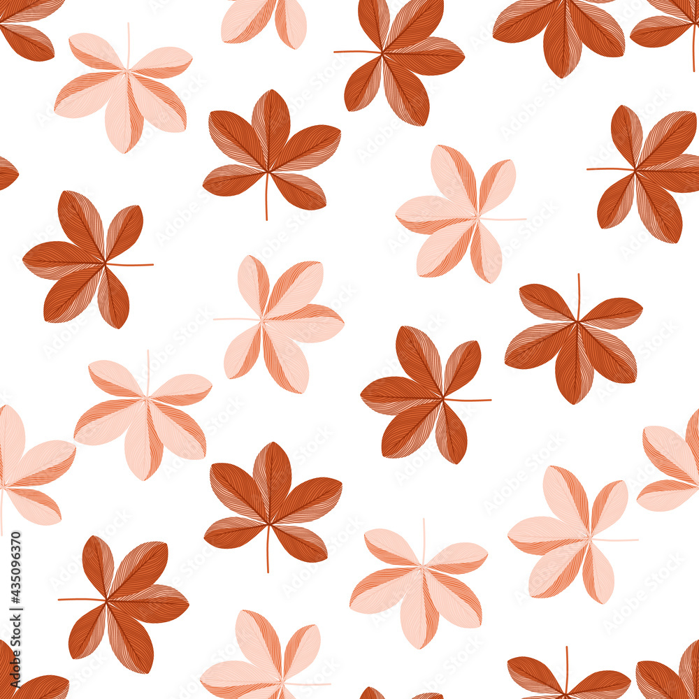 Isolated botanic seamless pattern with floral scheffler flowers ornament in orange and pink colors.