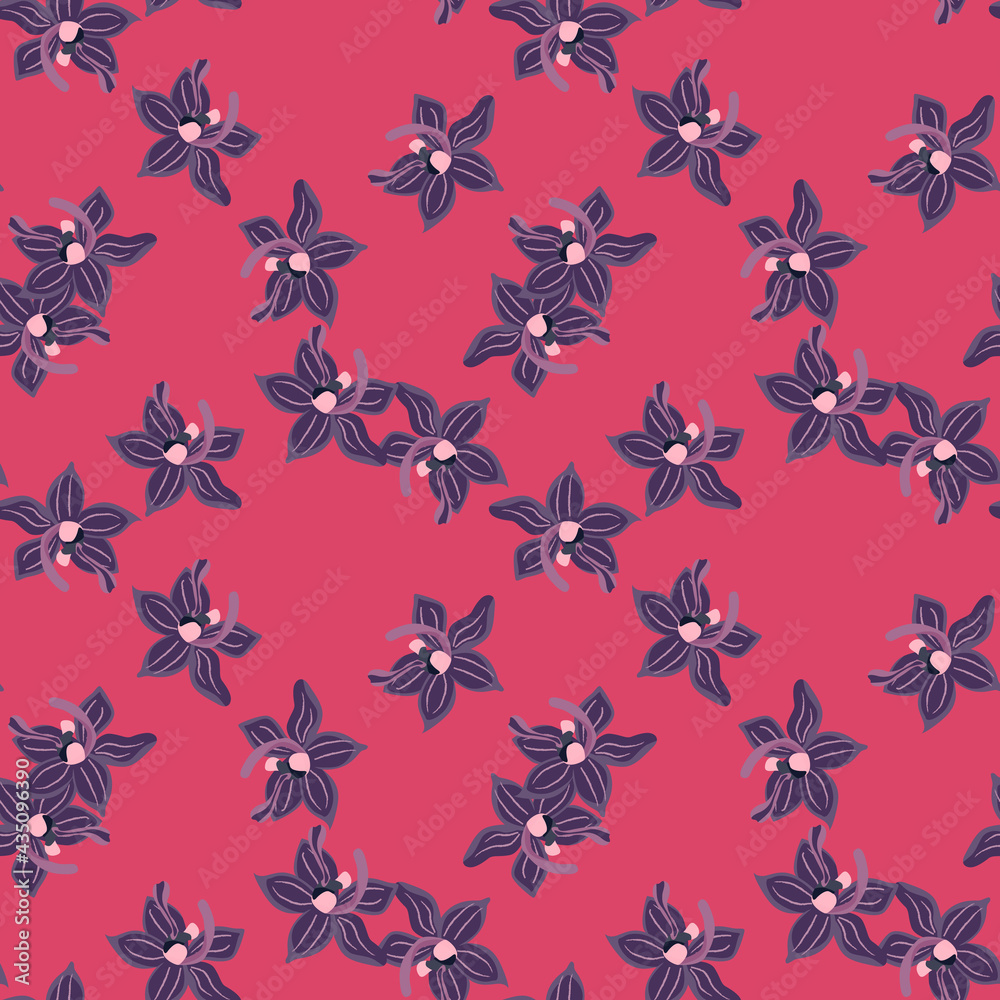 Navy blue random orchid flowers seamless pattern in tropic style. Pink bright background. Doodle style.