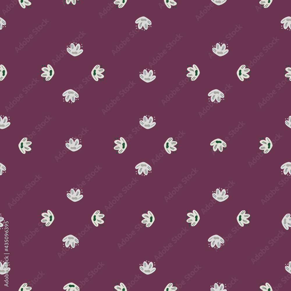 Geometric style seamless blossom pattern with little doodle flower ornament. Purple background. Nature backdrop. Geometric style seamless blossom pattern with little doodle flower ornament. Purple background. Nature backdrop.