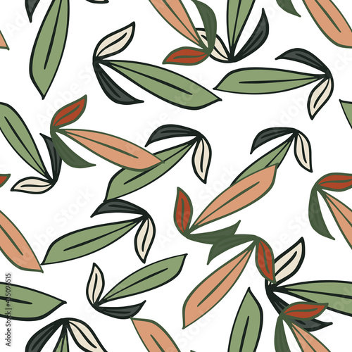 Botanic isolated seamless pattern with pink and green leaf outline print. White background.