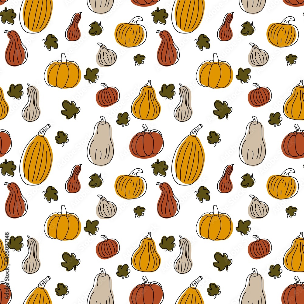 A seamless nature pattern of pumpkins and leaves in a doodle style on a white background. The illustration is hand-drawn, with curved lines. Design for fabric and different objects. Concept of autumn, A seamless nature pattern of pumpkins and leaves in a doodle style on a white background. The illustration is hand-drawn, with curved lines. Design for fabric and different objects. Concept of autumn,