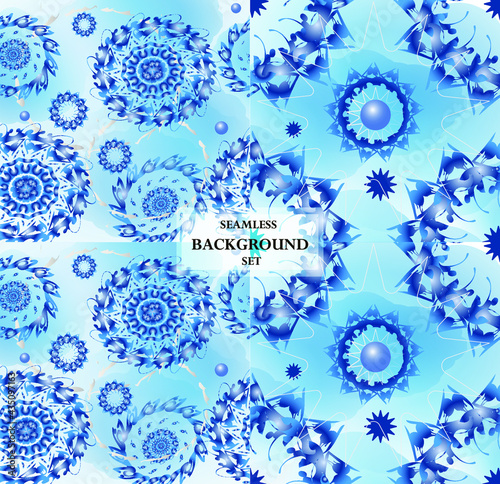 set of seamless blue backgrounds with floral ornament, In hippie styles