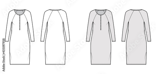 Dress henley collar technical fashion illustration with long raglan sleeves, oversized body, knee length pencil skirt. Flat apparel front, back, white, grey color style. Women, men unisex CAD mockup