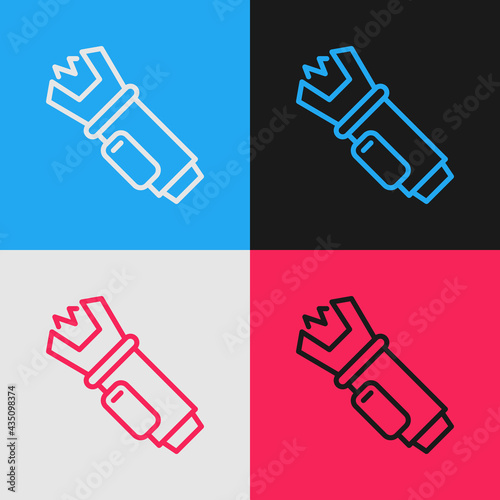 Pop art line Police electric shocker icon isolated on color background. Shocker for protection. Taser is an electric weapon. Vector