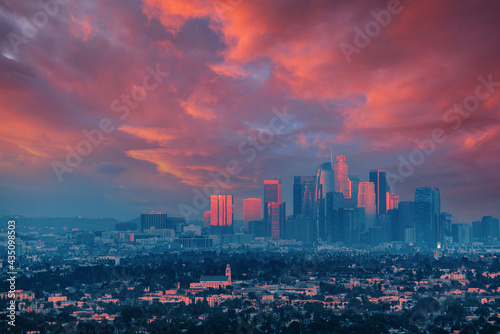 Downtown Los Angeles skyline at sunset