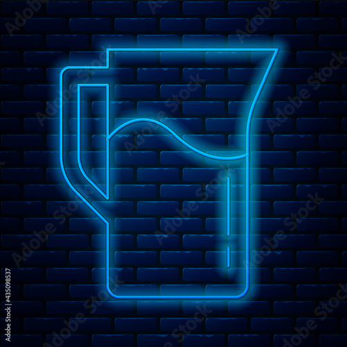 Glowing neon line Milk jug or pitcher icon isolated on brick wall background. Vector