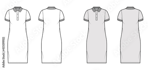 Dress polo fashion illustration with short sleeves, oversized body, knee length pencil skirt, henley neckline. Flat apparel front, back, white, grey color style. Women, men unisex CAD mockup