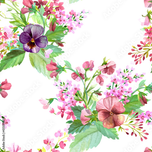 Hand-drawn seamless pattern of vintage spring summer flowers isolated on white background