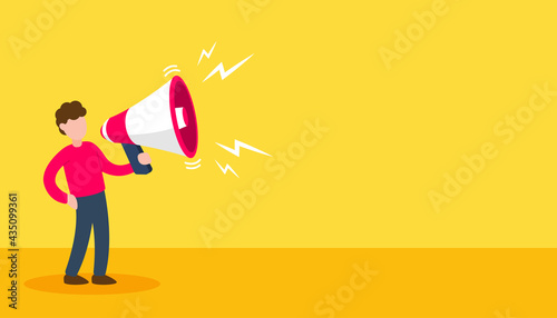 Man shouts to megaphone isolated on yellow background. Creative business concept of advertising, marketing, or promotion announcement. Trendy cute cartoon vector illustration. Flat style graphic.