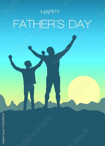 Happy Father's Day greeting cards with lettering and silhouette of father and son on the background of a beautiful landscape with sky, hills and sun. Dad and son in nature at sunset. © Pyromaster