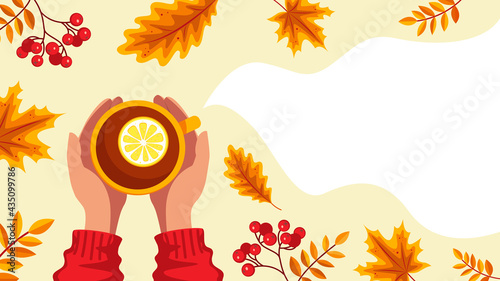 Hands hold a cup, lemon tea, autumn leaves top view. Banner with copy space. Vector stock illustration. 