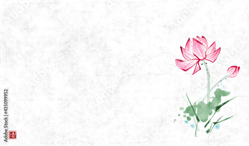 Pink lotus flowers hand drawn with ink on vintage rice paper background. Traditional oriental ink painting sumi-e, u-sin, go-hua. Hieroglyph - beauty