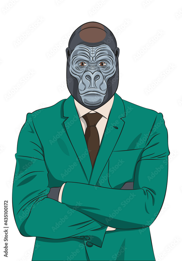 Serious gorilla - a businessman in a business suit: shirt, jacket and tie, stands with folded hands. Vector illustration Serious gorilla - a businessman in a business suit: shirt, jacket and tie, stands with folded hands. Vector illustration