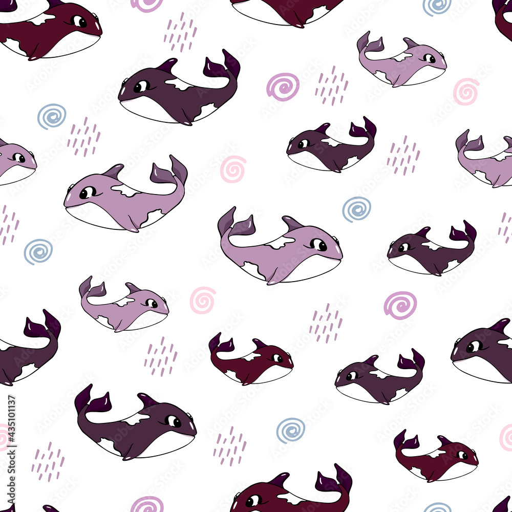 Fototapeta premium Seamless pattern with cute pink dolphins. Vector children's illustration. For decoration of children's bedding, clothes, wallpaper