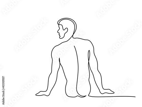 Nude Man sitting back. Continuous one line drawing