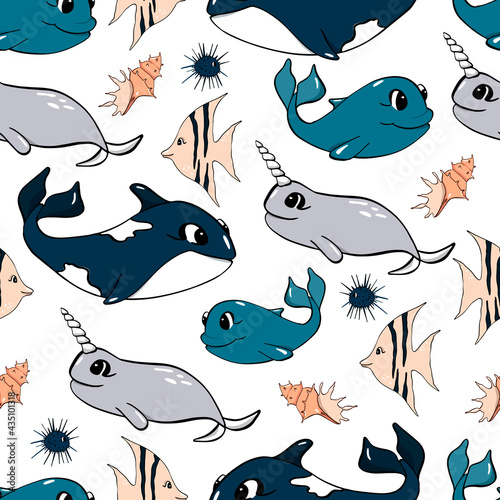 Underwater world. Children's seamless pattern. Vector illustration. Suitable for fabrics, for children's albums, postcards