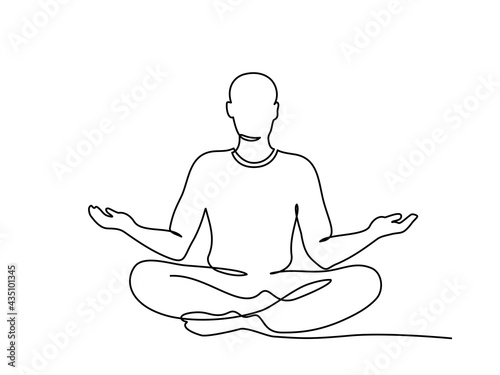 Meditating man in lotus yoga pose. One line drawing