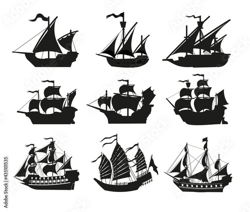 Stampa su tela Pirate boats and Old different Wooden Ships with Fluttering Flags