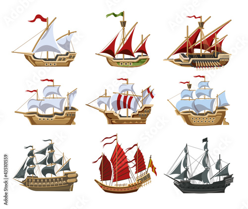 Pirate boats and Old different Wooden Ships with Fluttering Flags Vector Set Old shipping sails traditional vessel pirate symbols garish vector illustrations collection set