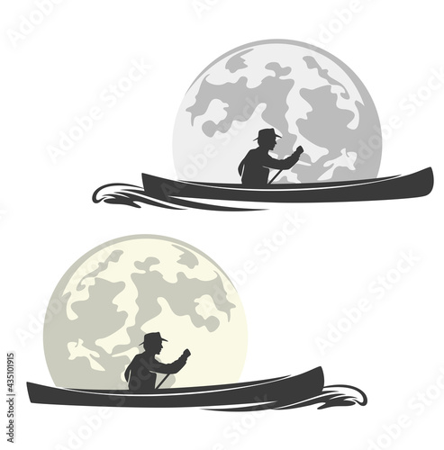 man rowing in canoe boat with full moon background - wilderness boat travelling vector outline set