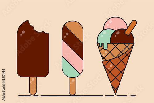 Cute set ice cream in beauty style. Summer theme in pastel color. Vector illustration concept.