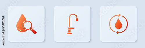 Set Water tap, Drop and magnifying glass and Recycle clean aqua. White square button. Vector
