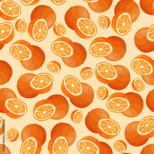 Orange fruit seamless pattern, abstract repeated background. For paper, cover, fabric, gift wrap, wall art, interior décor. Simple surface pattern design. Vector. Illustration
