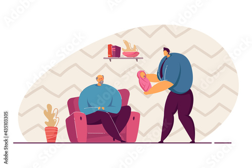 Father showing baby to grandfather. Happy three generation, family, cute grandchild. Relatives reunion. Adoring newborn. Family concept for website or landing page