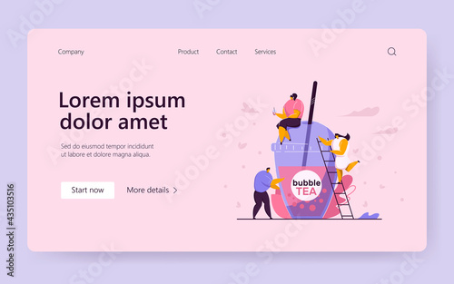 Tiny people with plastic cup of bubble tea. Black girl sitting on top of cup and drinking beverage, woman climbing ladder, man standing beside. Bubble tea, business concept for banner or background