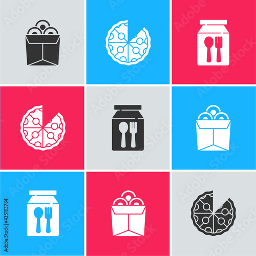 Set Noodles in box, Pizza and Online ordering and delivery icon. Vector