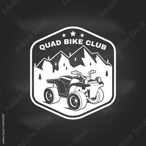 Quad bike club. Summer camp. Vector Concept for shirt or logo, print, stamp or tee. Vintage typography design with quad bike and forest silhouette. Camping quote.