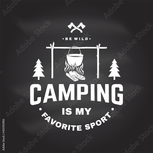 Camping is my favorite sport. Vector on the chalkboard Concept for shirt or logo, print, stamp or tee. Vintage typography design with Pot on the fire and forest silhouette. Camping quote.