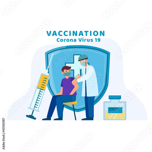 Doctor with big syringe and vaccine prevents spread of terrible coronavirus. Vaccination. Concept medicine protects people from flu. Medicine protects population from COVID-19 Virus pathogens.