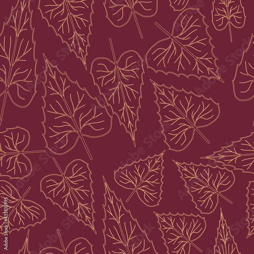 Seamless elegant pattern with golden outline leaves on a burgundy red background. The pattern can be used for wrapping papers, invitation cards, wallpapers, covers, textile prints. Vector, eps 10.