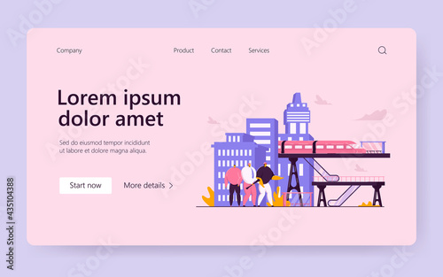 Tiny people conducting construction job. Railway, infrastructure, bridges flat vector illustration. Civil engineering, construction industry concept for banner, website design or landing web page