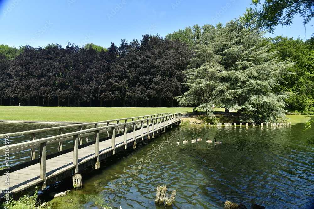 Le pont en bois traversant l'extrémité est du canal à l'entrée d'un des étangs au parc de Tervuren Le pont en bois traversant l'extrémité est du canal à l'entrée d'un des étangs au parc de Tervuren