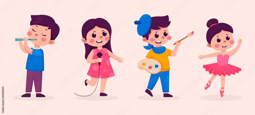 Cute little children playing different hobby, playing a musical instrument, singer, painting, ballerina vector Illustrations