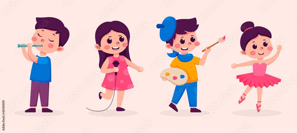 Cute little children playing different hobby, playing a musical instrument, singer, painting, ballerina vector Illustrations Cute little children playing different hobby, playing a musical instrument, singer, painting, ballerina vector Illustrations