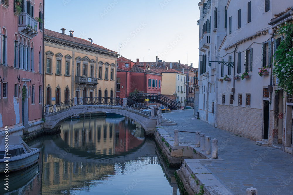 Naklejka premium romantic idyllic views of the narrow canal street and renaissance facades of the city of Venice
