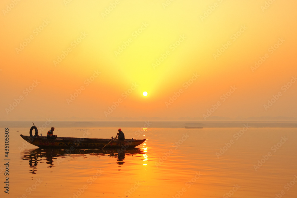 February 02, 2020 Varanasi, India Sunrise view of gangas River in morning at ganga ghat in Varanasi