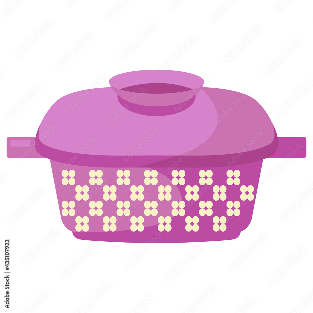 Cartoon cooking pot. Purple saucepan. Kitchen colorful appliance. Flat vector illustration on a white background.