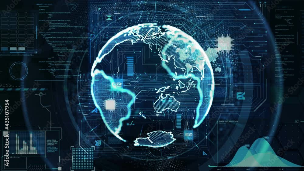 Blue abstract earth technology and communications motion background. Fantasy hi tech elements in motion. Depth of field settings. 3D rendering.